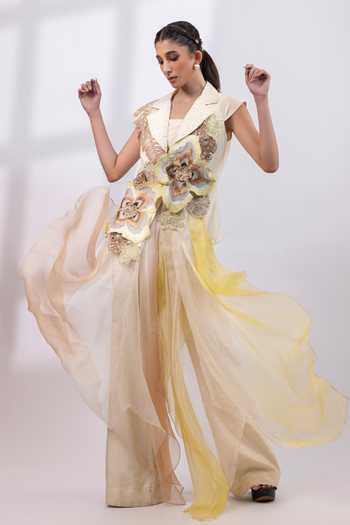 Buy_Smriti By Anju Agarwal_Ivory Silk, Organza Square Neck Botanica Elan Blazer Pant Set _at_Aza_Fashions