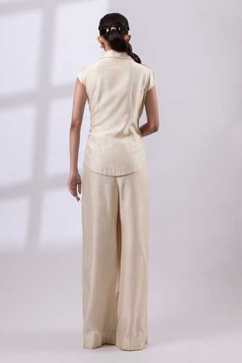 Shop_Smriti By Anju Agarwal_Ivory Silk, Organza Square Neck Botanica Elan Blazer Pant Set _at_Aza_Fashions
