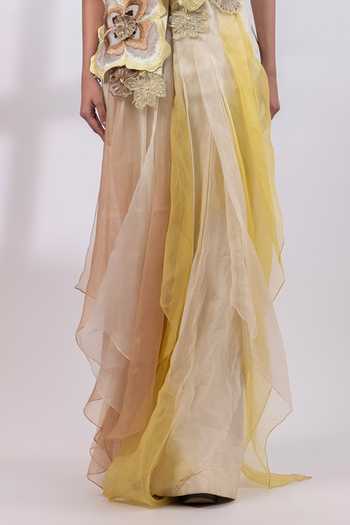 Smriti By Anju Agarwal_Ivory Silk, Organza Square Neck Botanica Elan Blazer Pant Set _at_Aza_Fashions