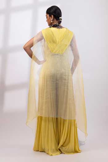 Shop_Smriti By Anju Agarwal_Lime Organza, Chinon V-neck Aurelia Veil Jumpsuit And Cape Set _at_Aza_Fashions