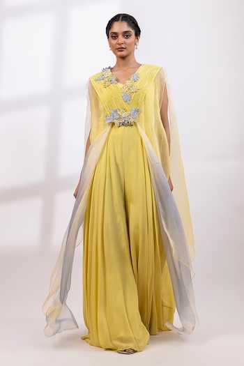 Smriti By Anju Agarwal_Lime Organza, Chinon V-neck Aurelia Veil Jumpsuit And Cape Set _Online_at_Aza_Fashions