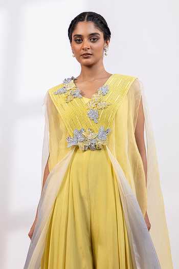 Buy_Smriti By Anju Agarwal_Lime Organza, Chinon V-neck Aurelia Veil Jumpsuit And Cape Set _Online_at_Aza_Fashions
