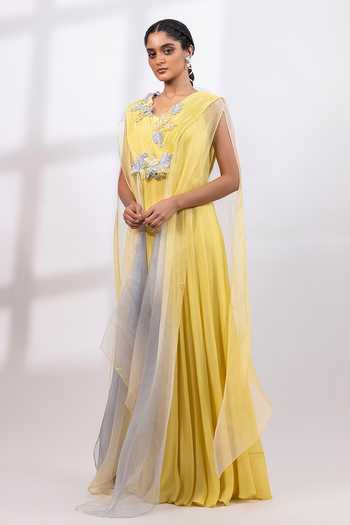 Shop_Smriti By Anju Agarwal_Lime Organza, Chinon V-neck Aurelia Veil Jumpsuit And Cape Set _Online_at_Aza_Fashions