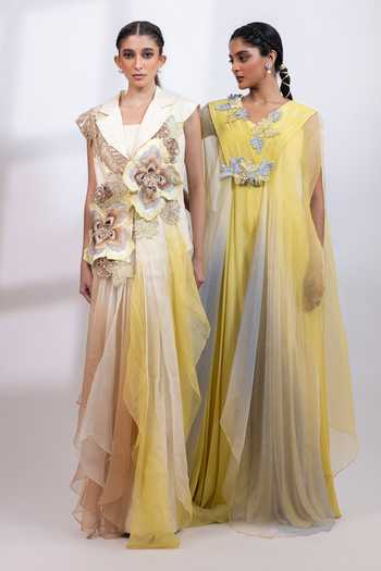 Smriti By Anju Agarwal_Lime Organza, Chinon V-neck Aurelia Veil Jumpsuit And Cape Set _at_Aza_Fashions