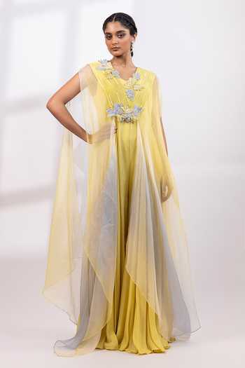 Buy_Smriti By Anju Agarwal_Lime Organza, Chinon V-neck Aurelia Veil Jumpsuit And Cape Set _at_Aza_Fashions