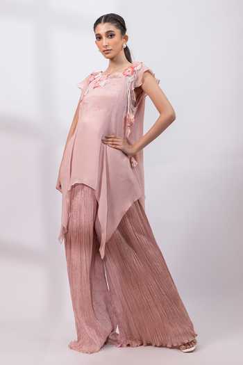 Shop_Smriti By Anju Agarwal_Pink Chinon Round Neck Whispers Of Spring Top And Pant Set _Online_at_Aza_Fashions