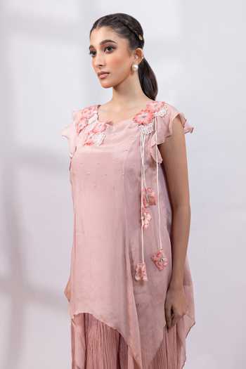 Smriti By Anju Agarwal_Pink Chinon Round Neck Whispers Of Spring Top And Pant Set _at_Aza_Fashions