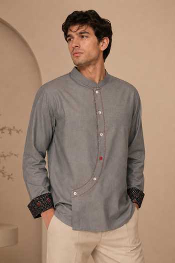 Buy_Mayank Modi - Men_Grey Cotton Frosted Ash And Pomegranate Float Short Kurta _at_Aza_Fashions