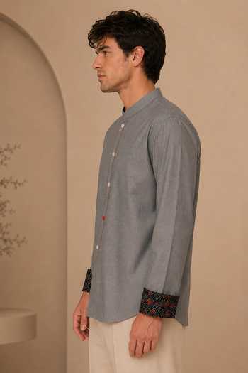 Mayank Modi - Men_Grey Cotton Frosted Ash And Pomegranate Float Short Kurta _Online_at_Aza_Fashions