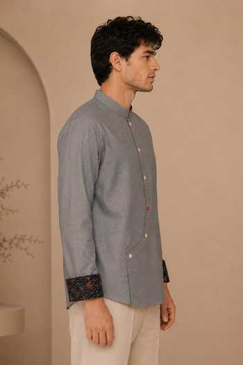 Buy_Mayank Modi - Men_Grey Cotton Frosted Ash And Pomegranate Float Short Kurta _Online_at_Aza_Fashions