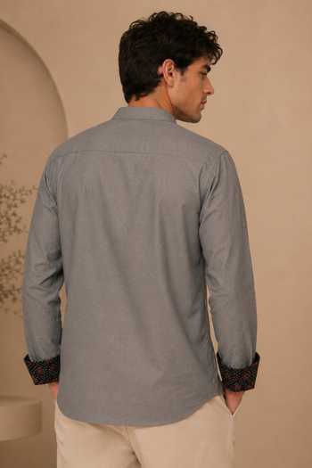 Shop_Mayank Modi - Men_Grey Cotton Frosted Ash And Pomegranate Float Short Kurta _at_Aza_Fashions