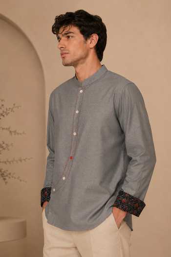 Shop_Mayank Modi - Men_Grey Cotton Frosted Ash And Pomegranate Float Short Kurta _Online_at_Aza_Fashions
