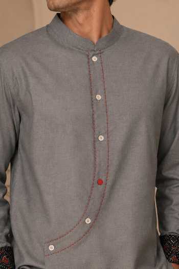 Mayank Modi - Men_Grey Cotton Frosted Ash And Pomegranate Float Short Kurta _at_Aza_Fashions