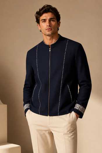 Buy_Mayank Modi - Men_Blue Cotton Iced Navy Meridian Bomber Jacket _at_Aza_Fashions