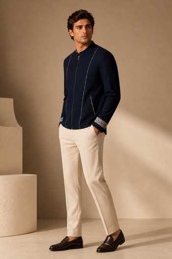 Mayank Modi - Men_Blue Cotton Iced Navy Meridian Bomber Jacket _Online_at_Aza_Fashions