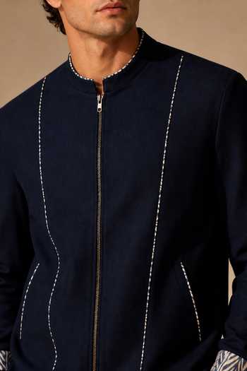Buy_Mayank Modi - Men_Blue Cotton Iced Navy Meridian Bomber Jacket _Online_at_Aza_Fashions
