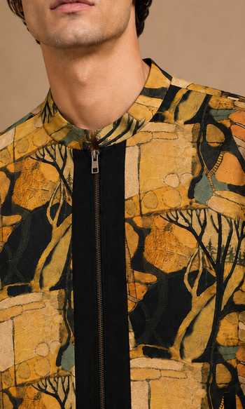 Buy_Mayank Modi - Men_Black Muslin Mustard Peppercorn Ganache Bomber Jacket _Online_at_Aza_Fashions