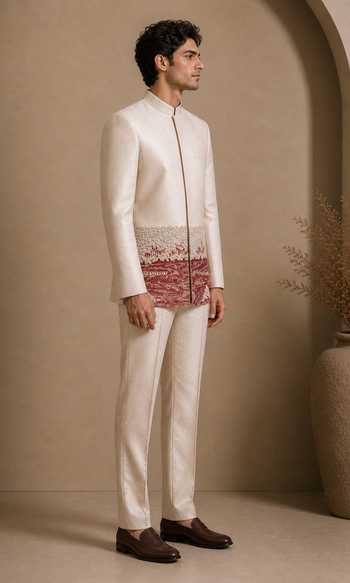 Shop_Mayank Modi - Men_Beige Silk, Bemberg Embroidery Salted Cream Earth Float Bandhgala _Online_at_Aza_Fashions