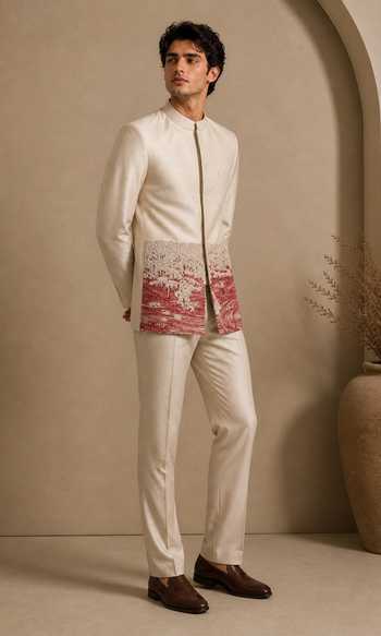 Mayank Modi - Men_Beige Silk, Bemberg Embroidery Salted Cream Earth Float Bandhgala _at_Aza_Fashions