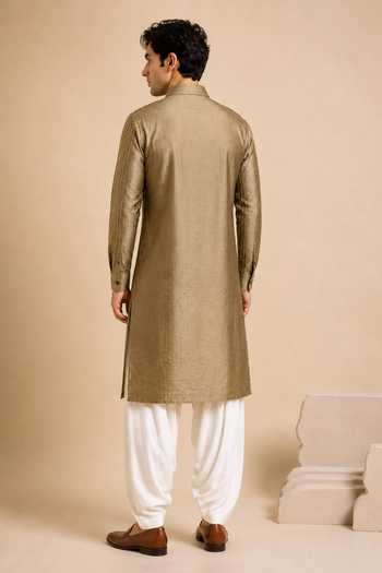 Shop_Mayank Modi - Men_Gold Bemberg, Silk Rust Ganache Kurta Set _at_Aza_Fashions