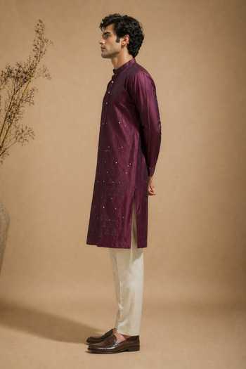 Shop_Mayank Modi - Men_Purple Chanderi Plum Truffle Glaze Kurta And Pant Set _at_Aza_Fashions