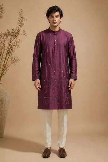 Buy_Mayank Modi - Men_Purple Chanderi Plum Truffle Glaze Kurta And Pant Set _at_Aza_Fashions