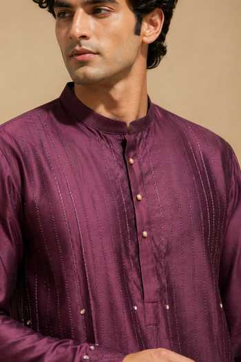 Mayank Modi - Men_Purple Chanderi Plum Truffle Glaze Kurta And Pant Set _at_Aza_Fashions