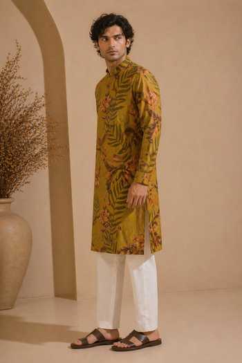 Shop_Mayank Modi - Men_Mustard Cotton Spiced Turmeric Sovereign Printed Kurta Set _Online_at_Aza_Fashions