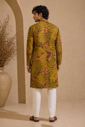 Shop_Mayank Modi - Men_Mustard Cotton Spiced Turmeric Sovereign Printed Kurta Set _at_Aza_Fashions
