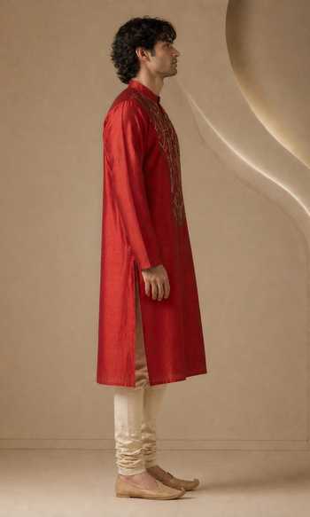 Mayank Modi - Men_Rust Bemberg, Silk Patterned Yoke Kurta Set _Online_at_Aza_Fashions