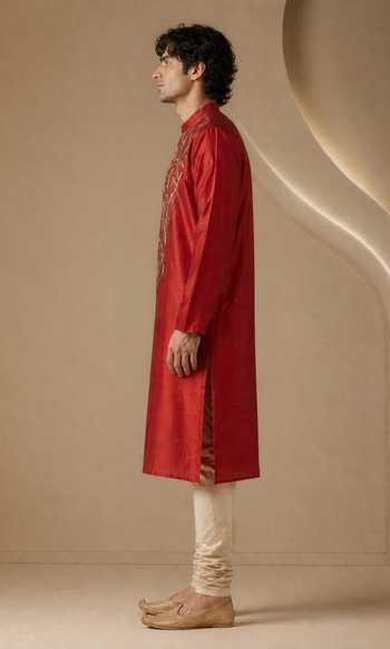 Buy_Mayank Modi - Men_Rust Bemberg, Silk Patterned Yoke Kurta Set _Online_at_Aza_Fashions