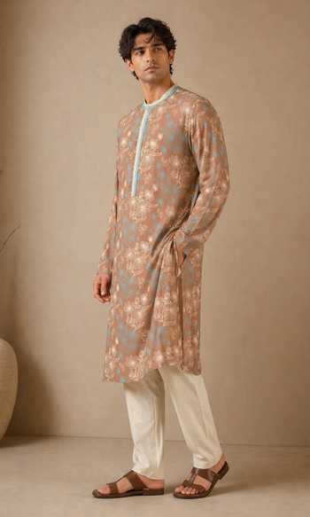 Shop_Mayank Modi - Men_Blue Muslin Monochrome Pulse Duo Print Kurta Set _Online_at_Aza_Fashions