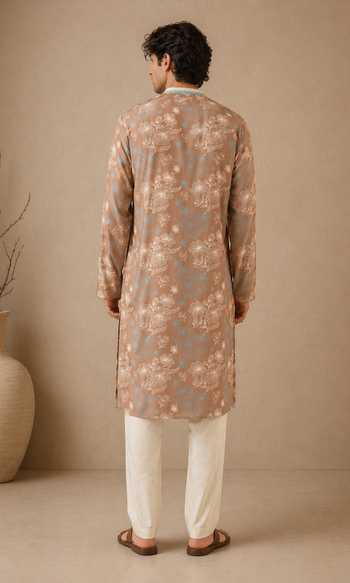 Shop_Mayank Modi - Men_Blue Muslin Monochrome Pulse Duo Print Kurta Set _at_Aza_Fashions