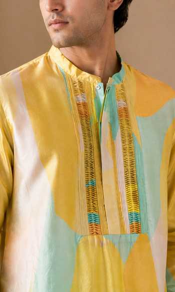 Shop_Mayank Modi - Men_Blue Muslin Citrus Mint Sovereign Printed Kurta Set _Online_at_Aza_Fashions