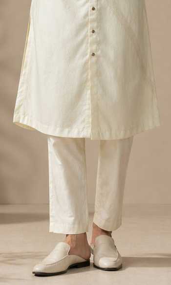 Mayank Modi - Men_Ivory Silk, Bemberg Sand Luxe Shirt Kurta Set _Online_at_Aza_Fashions