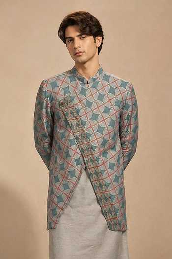 Shop_Mayank Modi - Men_Blue Muslin Double-layered Prism Kurta Set _Online_at_Aza_Fashions