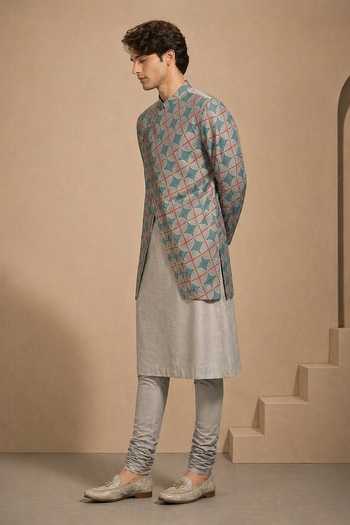Mayank Modi - Men_Blue Muslin Double-layered Prism Kurta Set _at_Aza_Fashions