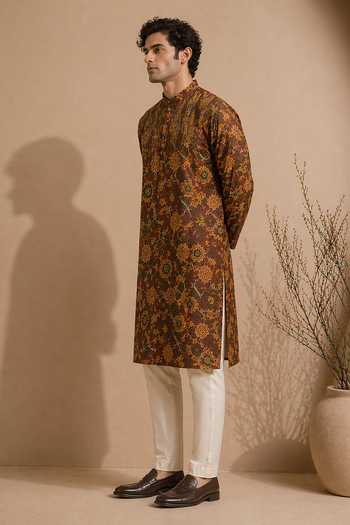 Shop_Mayank Modi - Men_Brown Chanderi Heritage Vanguard Print Kurta Set _Online_at_Aza_Fashions