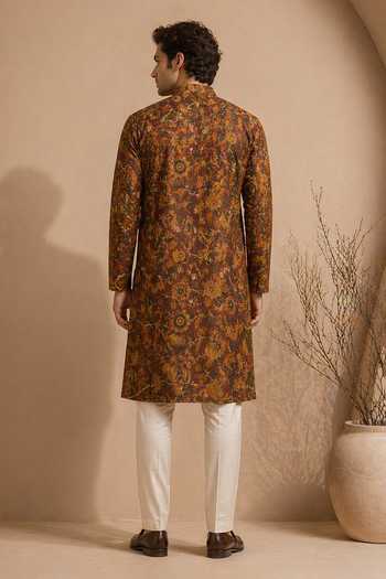 Shop_Mayank Modi - Men_Brown Chanderi Heritage Vanguard Print Kurta Set _at_Aza_Fashions