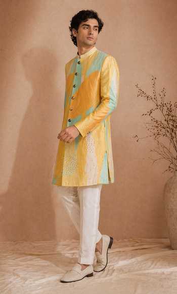 Buy_Mayank Modi - Men_Blue Muslin Digital Noir Print Sherwani Set _Online_at_Aza_Fashions