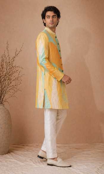 Mayank Modi - Men_Blue Muslin Digital Noir Print Sherwani Set _at_Aza_Fashions