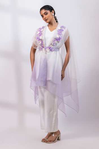 Smriti By Anju Agarwal_Ivory Silk, Organza V-, Shawl Whisper Embroidered Cape Pant Set _Online_at_Aza_Fashions
