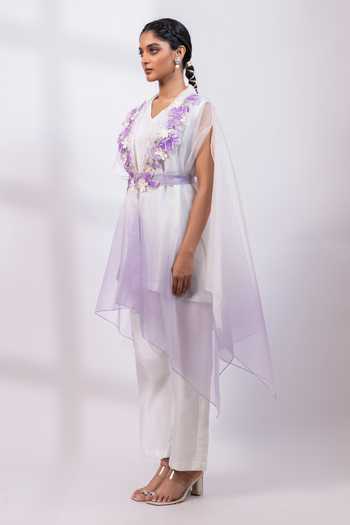Smriti By Anju Agarwal_Ivory Silk, Organza V-, Shawl Whisper Embroidered Cape Pant Set _at_Aza_Fashions