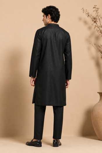 Shop_Mayank Modi - Men_Black Silk, Bemberg Gold-leaf Float Embroidered Kurta Set _at_Aza_Fashions