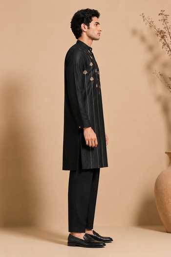 Buy_Mayank Modi - Men_Black Silk, Bemberg Gold-leaf Float Embroidered Kurta Set _Online_at_Aza_Fashions