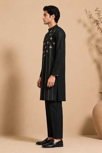 Shop_Mayank Modi - Men_Black Silk, Bemberg Gold-leaf Float Embroidered Kurta Set _Online_at_Aza_Fashions