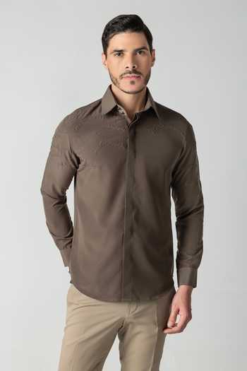 Buy_Amit Arora_Olive Green Polyester Abstract Hand Embroidered Shirt  _at_Aza_Fashions