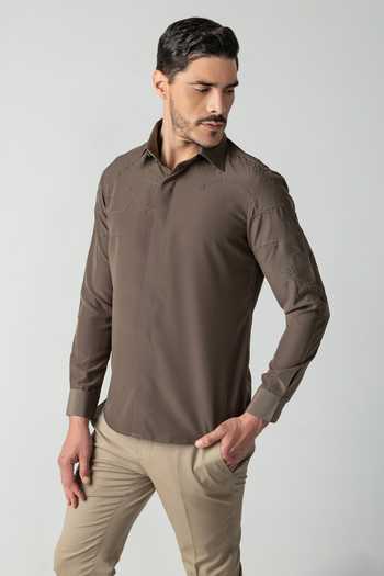 Amit Arora_Olive Green Polyester Abstract Hand Embroidered Shirt  _Online_at_Aza_Fashions