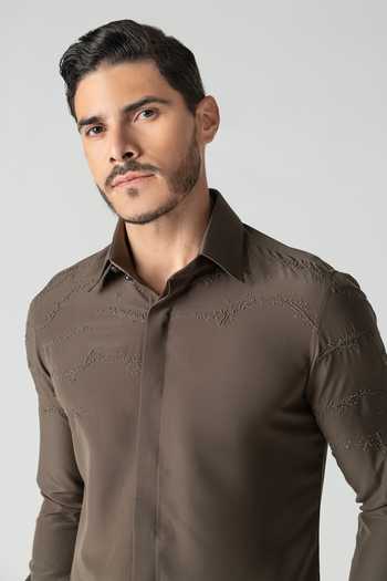 Buy_Amit Arora_Olive Green Polyester Abstract Hand Embroidered Shirt  _Online_at_Aza_Fashions
