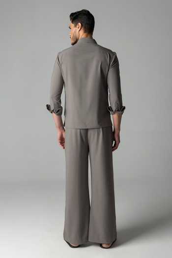 Shop_Amit Arora_Grey Crepe Asymmetric Shirt And Palazzo Set _at_Aza_Fashions